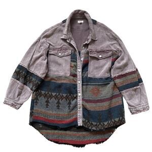 Rare POL Aztec Shacket M | Western Patchwork Jacket, Fringe Hem, Oversized Fit